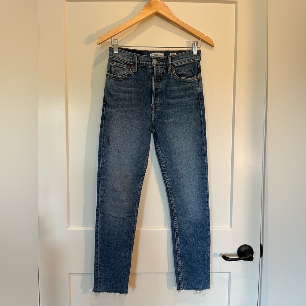 RE/DONE Originals High Rise Ankle Crop Stretch jeans in the Mid 80's Wash Sz 27